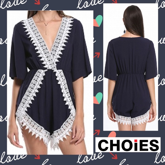 Choies | Pants & Jumpsuits | Choies Navy And White Lace Deepv Romper ...